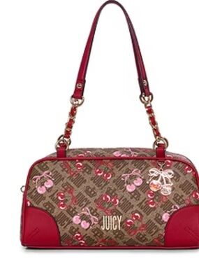 Juicy Couture Brown Cherry Print Shoulder Bag with Red Trim